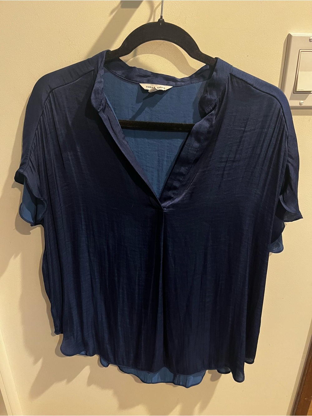 Naked Zebra Navy Split-Neck Short Sleeve Blouse